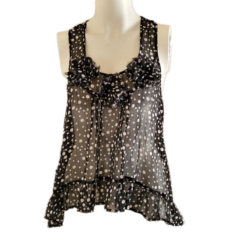 Rue21 womens medium black white polka dot relaxed ruffle floral blouse sleeveles